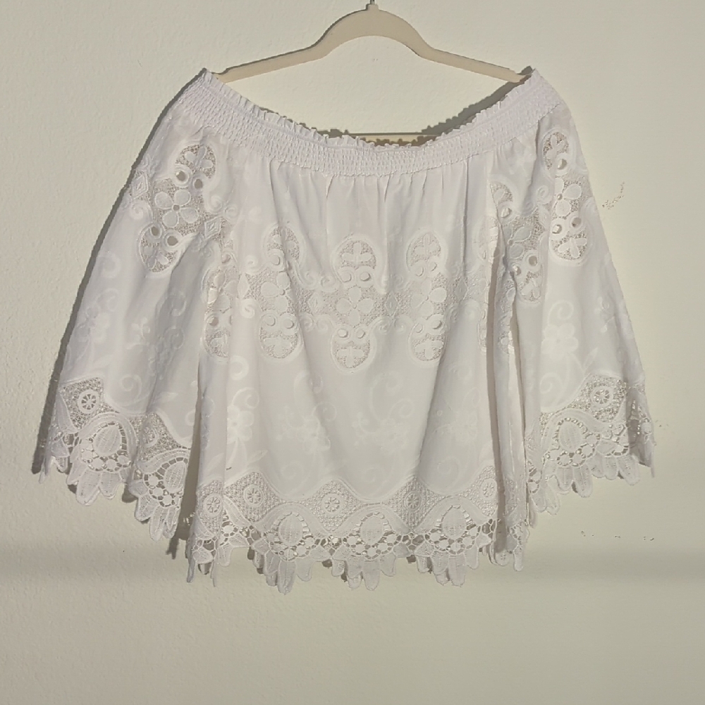 Chico's White Asymmetrical Ruffled Bell Sleeve Blouse